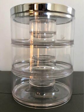 euc UMBRA Clear 3-Tier Acrylic Stackable Organizer w Silver tone heavy metal Lid